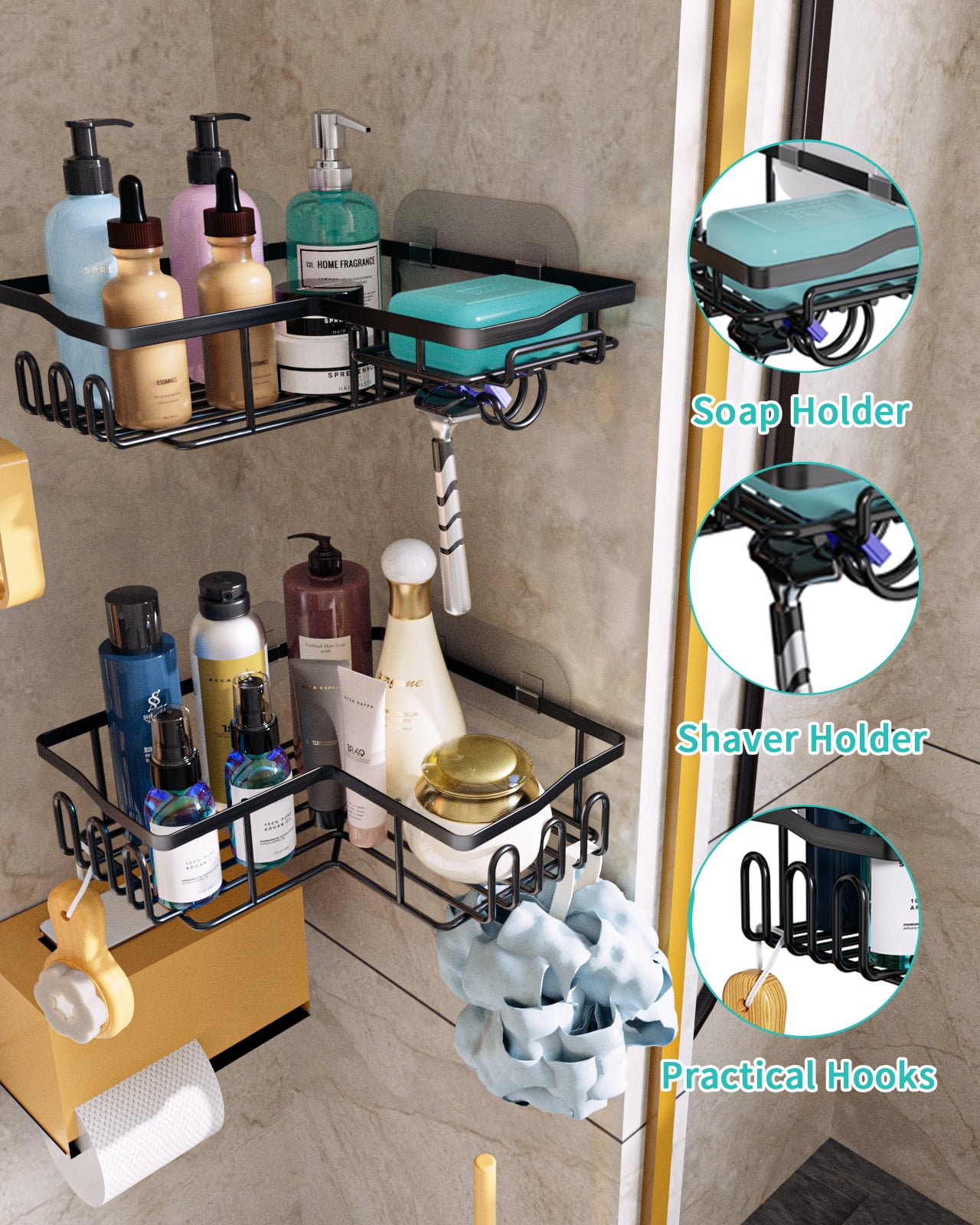 HuggieGems 2 Pack Corner Shower Caddy Organizer Shelf with Hooks, Black  Bathroom Shelves Storage Organization