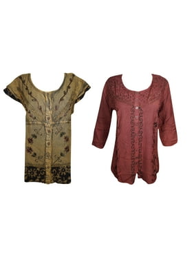 Mogul 2 pc Women's Top Blouse Embroidered Stonewashed Maroon Yellow Button Front Tunic Tops
