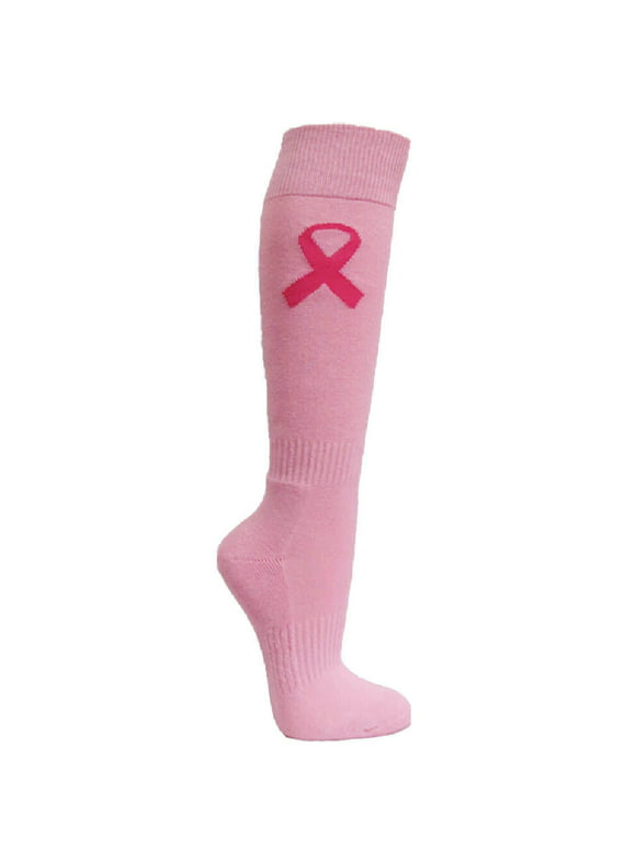 COUVER Toe, Sole & Heel Cushioned Adult/Youth Athletic Hockey, Softball, Volleyball, Lacrosse, Any Sports Knee High Socks, Light Pink with Ribbon Icon, Small