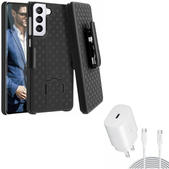 Case Belt Clip w 25W Fast Home Charger for Samsung Galaxy S21 Plus - Holster Swivel Cover, PD Type-C 10ft USB-C Cable