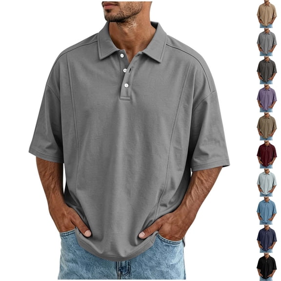 Fanshiluo Men's Drop Shoulder Short Sleeve Polo Shirt, Loose Casual Collared Top,Size:L,Big and Tall Men