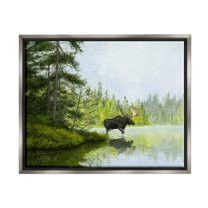 Stupell Industries Moose in Woodland Pond Nature Painting Gray Floater Framed Art Print Wall Art, 31 x 25