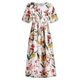 thumbnail image 3 of Midi Robes pour les Femmes d'Été Décontracté Boho Imprimé Floral Col Rond Manches Courtes Genou Longueur Robe Froncée avec Poches, 3 of 5