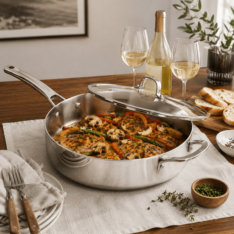 CoreClad 6-Quart Tri-Ply Stainless Steel Saute Pan with Glass Lid