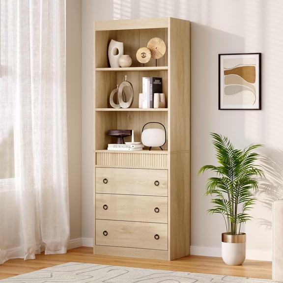 70.8" Tall White Fluted Bookshelf with Drawers, 6-Tier Storage Bookcase, 24.8" Wide Wooden Display Shelf with Modern Waved Design for Living Room Office Bedroom