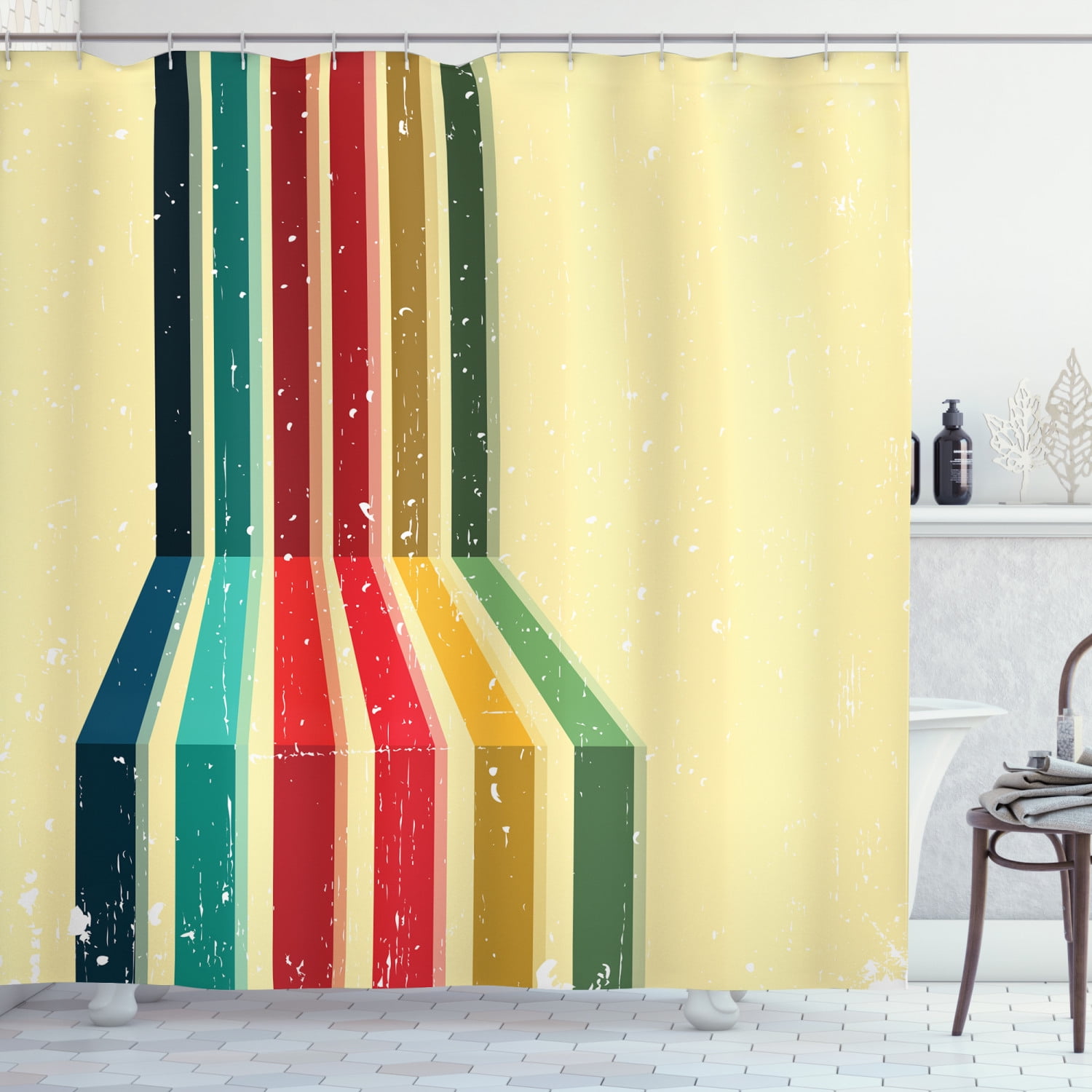 Vintage Rainbow Shower Curtain, Vertical Colored Stripes with Grunge