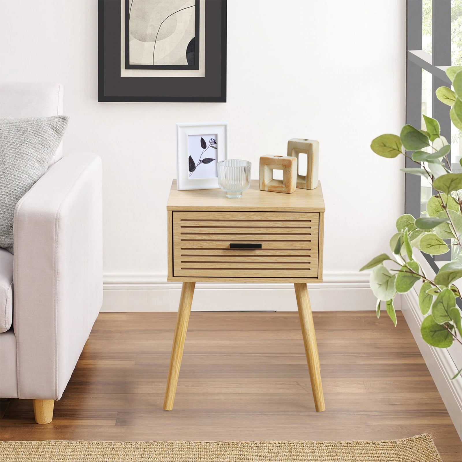 KATHY&BOB Striped Grooved Nightstand Set of 2, Bedside Table with Wood Storage Drawer, End Table for Bedroom, Natural