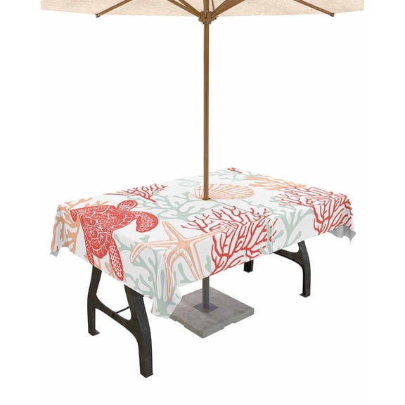 Lsrtoss Outdoor Tablecloth with Umbrella Hole & Zipper, Red Orange Coastal Rectangle Tablecloth 60x84 Inch, Sea Turtle Nautical Coral Summer Beach Patio Table Cover Waterproof Table Cloth for Picnic