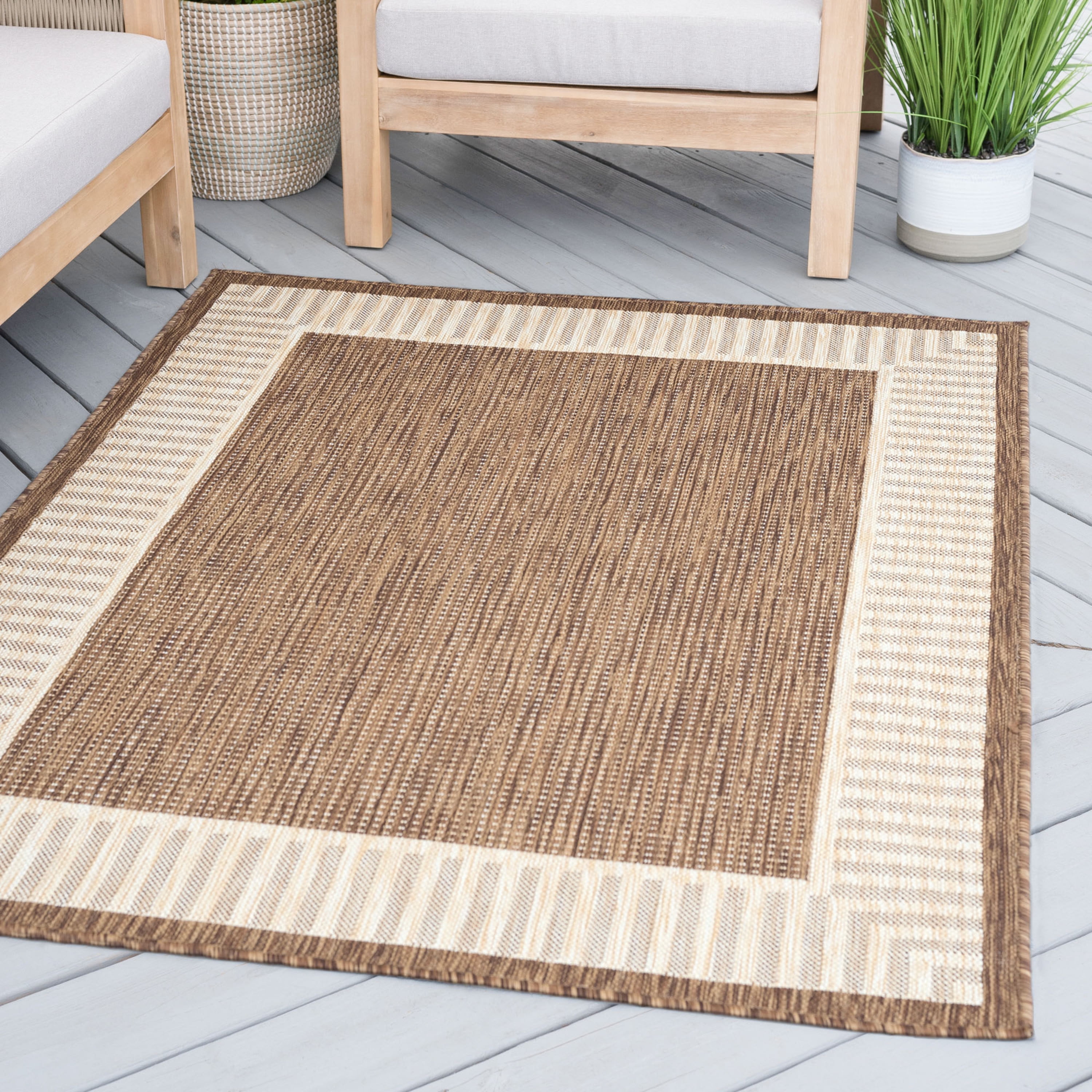8x10 Water Resistant, Large Indoor Outdoor Rugs for Patios, Front Door Entry, Entryway, Deck, Porch, Balcony | Outside Area Rug for Patio | Brown, Striped Border | Size: 7'10'' x 10'2''