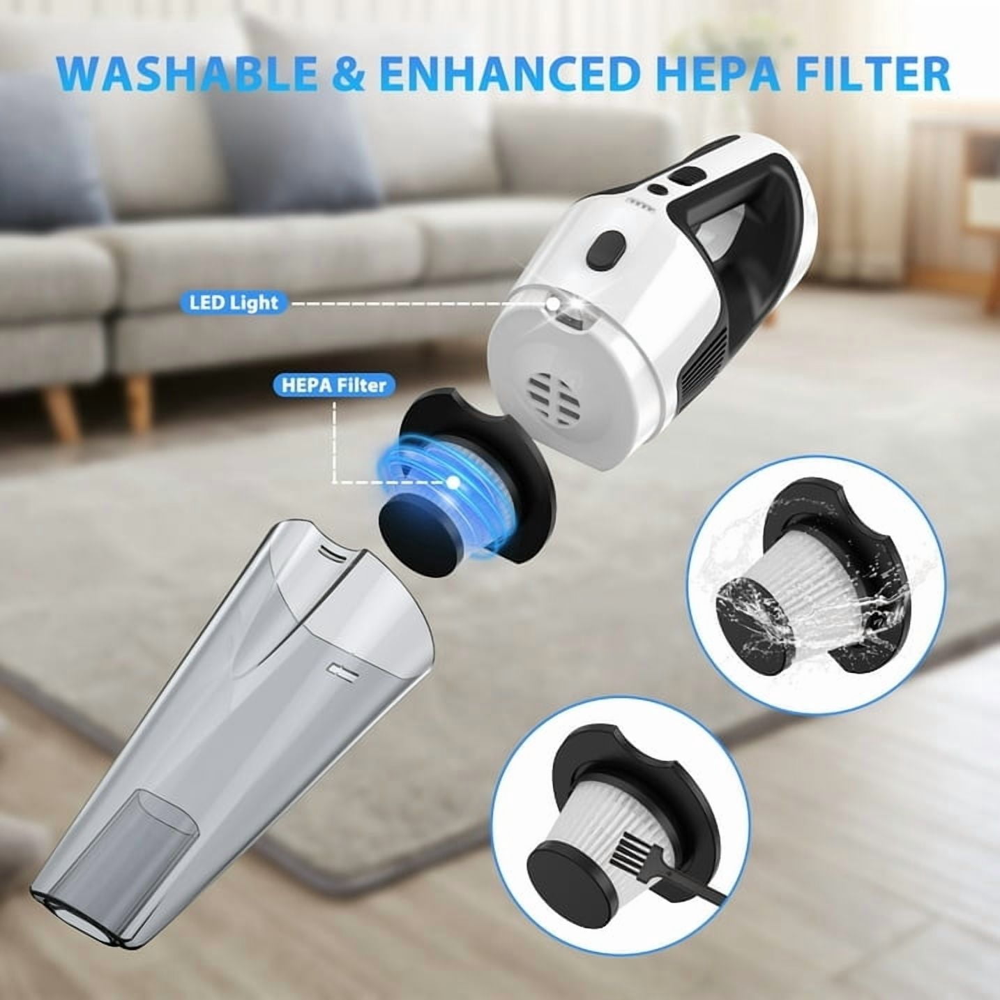 NEXPOW Cordless Handheld Vacuum, 10000Pa Wet Dry Car Vacuum Cleaner, 50Min Runtime 7800mAh, LED Light & Charger, 1.9lb Lightweight for Home Car Pet Hair