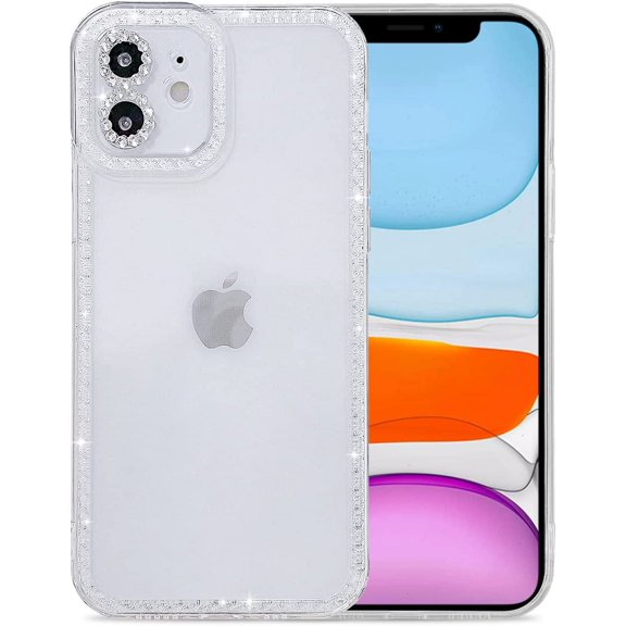 Compatible with iPhone 12 Clear Case [Not Fit iPhone 12 Pro] for Soft TPU Sparkly Glitter Crystal Border Design Slim Protective Case for Women Girls for iPhone 12 6.1 Inch-White