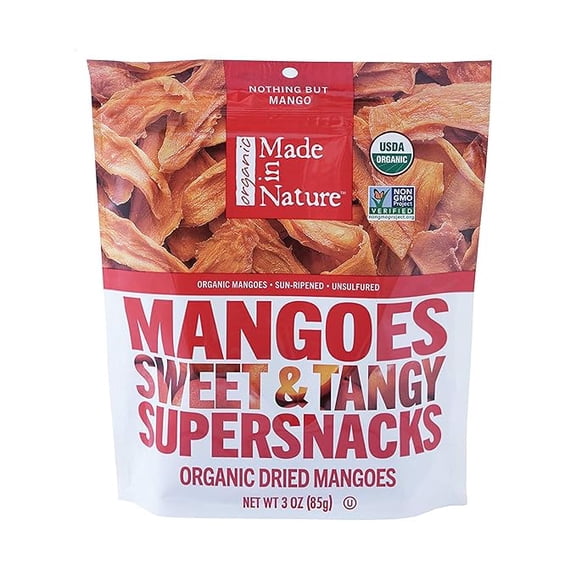 1x Made in Nature Organic Dried Mangoes, Non-GMO, Gluten Free, Unsulfured, Vegan Snack, 3oz (Pack of 1), Packaging May Vary