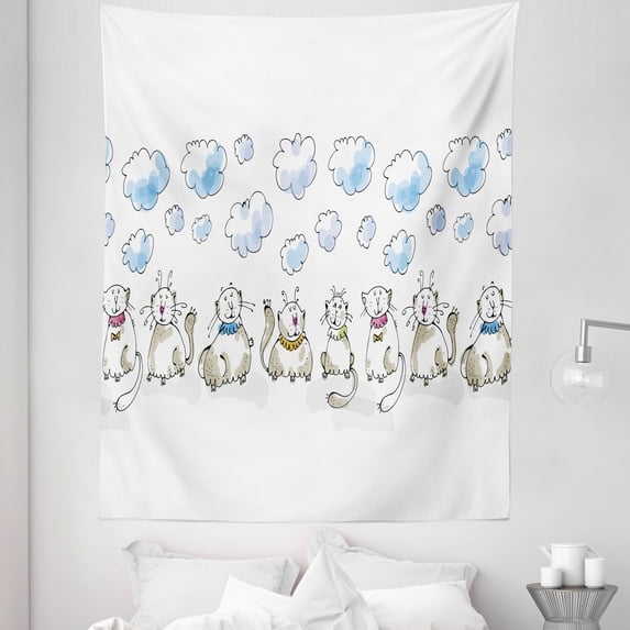 Cartoon Tapestry, Clouds with Closed Eyes Cats Sitting Collars Cartoonish Animal Drawing Feline, Fabric Wall Hanging Decor for Bedroom Living Room Dorm, 5 Sizes, Pale Blue Dusk, by Ambesonne