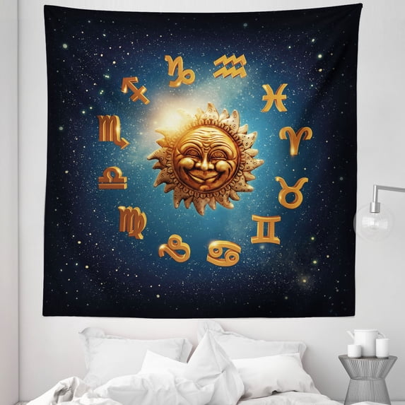 Astrology Tapestry, Signs Surrounds a Moon Sun in Space with Stardust Nebula, Fabric Wall Hanging Decor for Bedroom Living Room Dorm, 5 Sizes, Dark Blue Orange, by Ambesonne