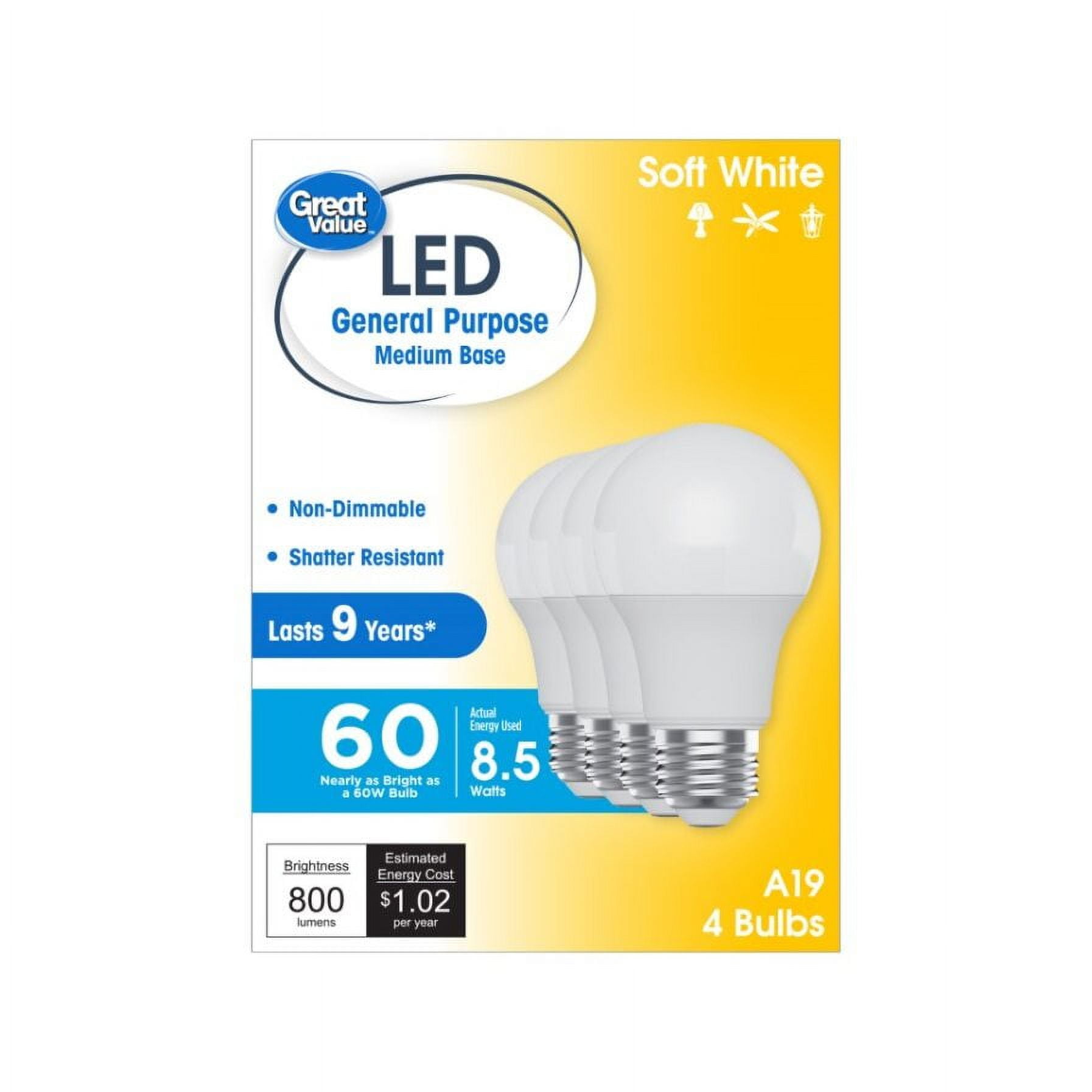 Great Value LED Light Bulb Soft White 60 Watt Eqv A19 General Purpose E26 Medium Base 9yr 4pk