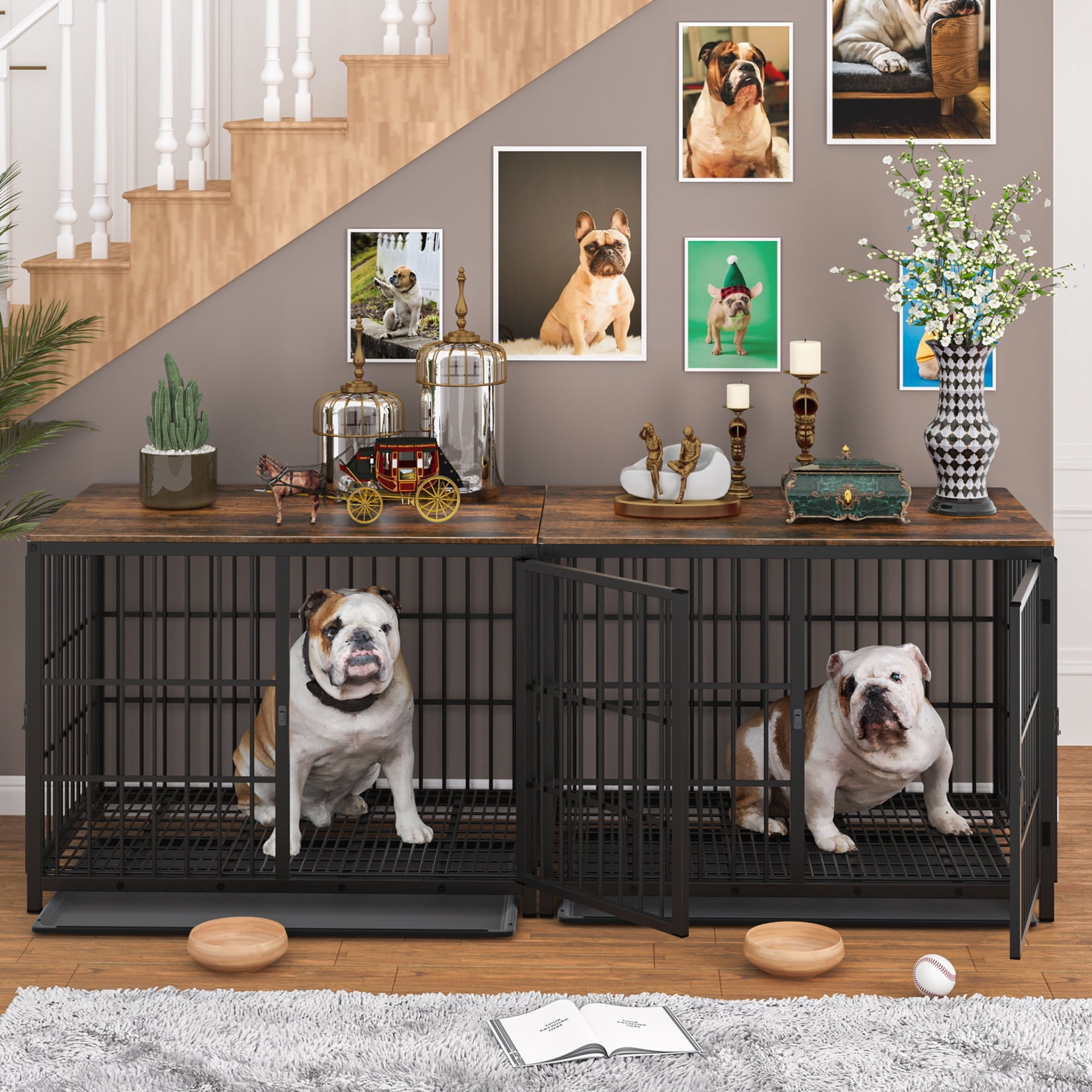 Bingopaw Triple Door Wooden Dog Crate Indoor, Black, Medium, Removable Tray, 30.91"L x 22.24"W x 25.59"H