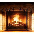 thumbnail image 1 of Calidola 3-Panel Foldable Black Steel Fireplace Screen Spark Guard Fence,Leaf Design Screen Metal Decorative Mesh Cover, 1 of 7