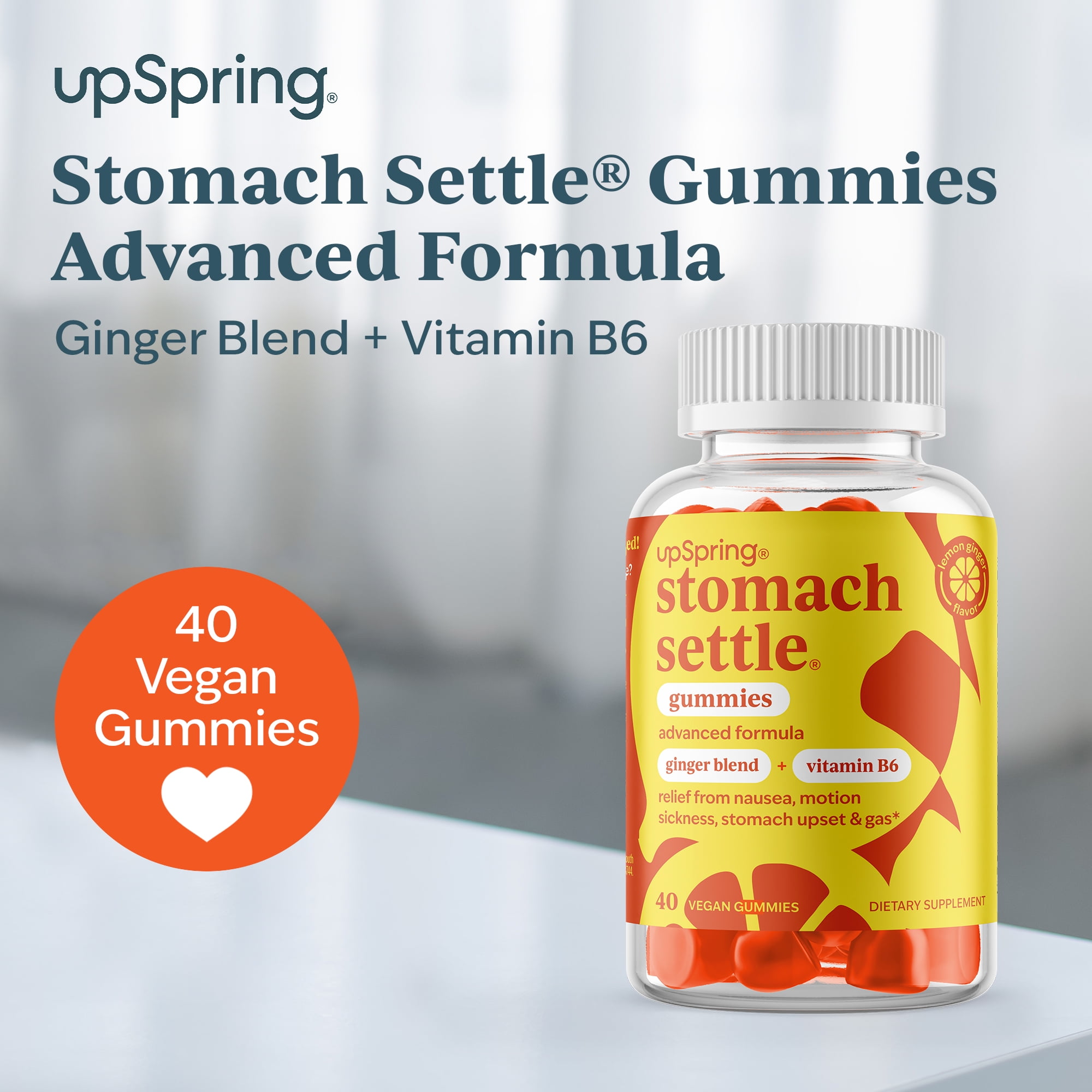 UpSpring Stomach Settle Gummies, with Vitamin B6, Lemon Ginger Flavor, 40 Count