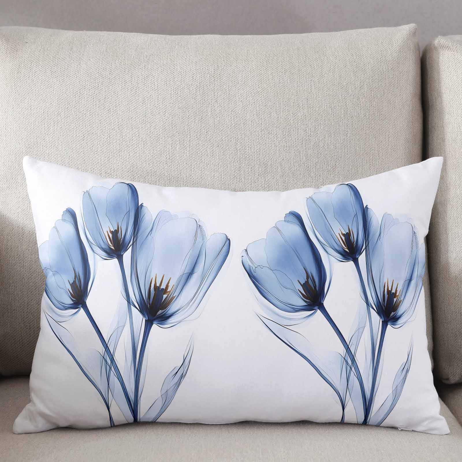 Blue Flowers Throw Pillow Cover 20 x 36 Inch Decorative Pillow Cover Simple Gradient Tulip Floral Branches Lumbar Pillowcase Seasonal Rectangle Cushion Case for Couch Sofa Bed Living Room