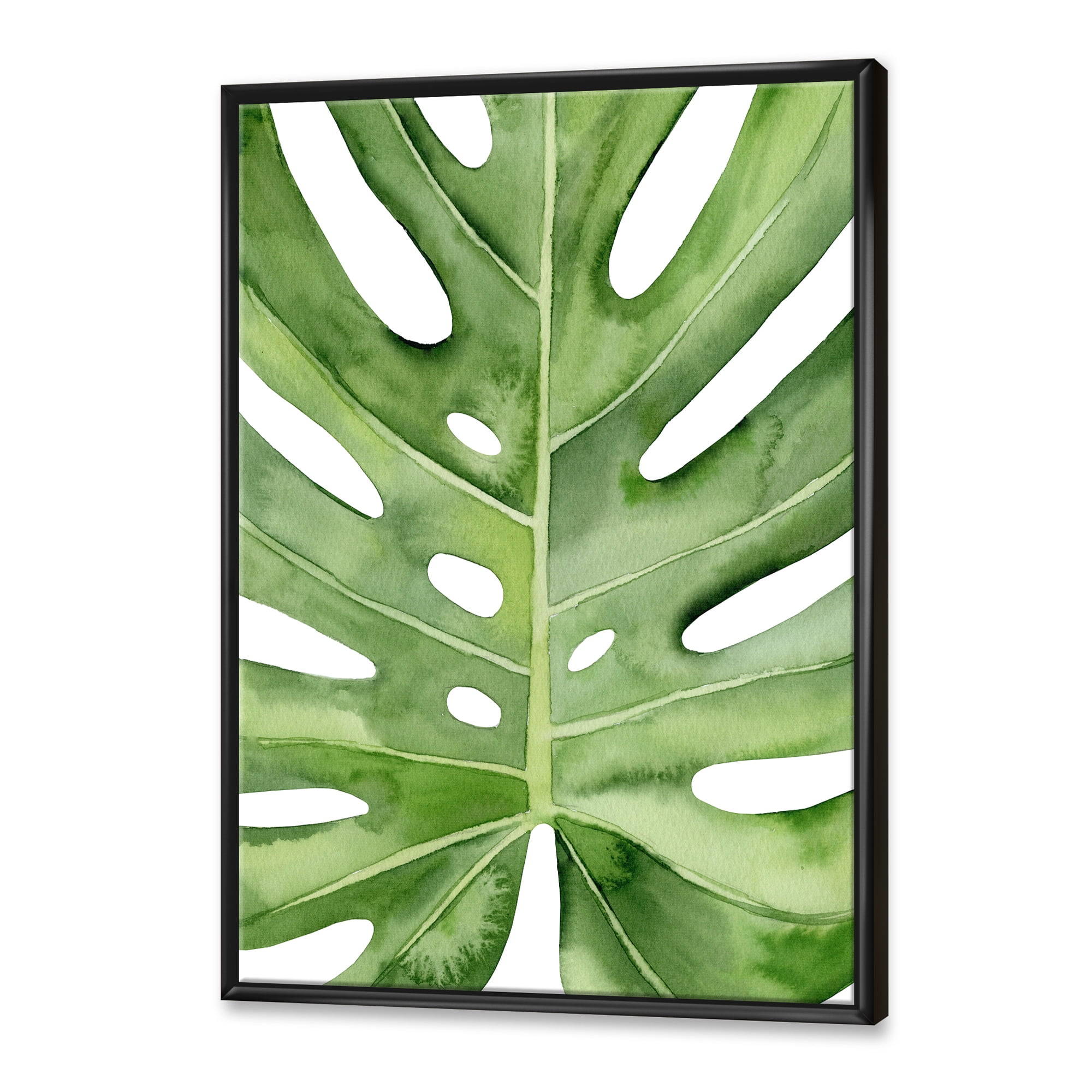 Designart 'Close Up Green Monstera Leaf Tropical Palm' Tropical Framed Canvas Wall Art Print