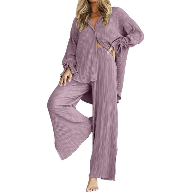 Timegard Lounge Outfits for Women 2pc Long Sleeve Button up Solid Color Shirts Side Split Wide Leg Pants Fall Sets