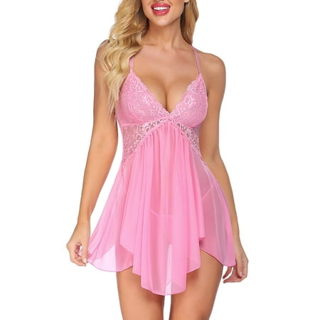 Avidlove Women Lingerie Lace V Neck Sexy Sleepwear Strap Chemise(Light Pink XL)