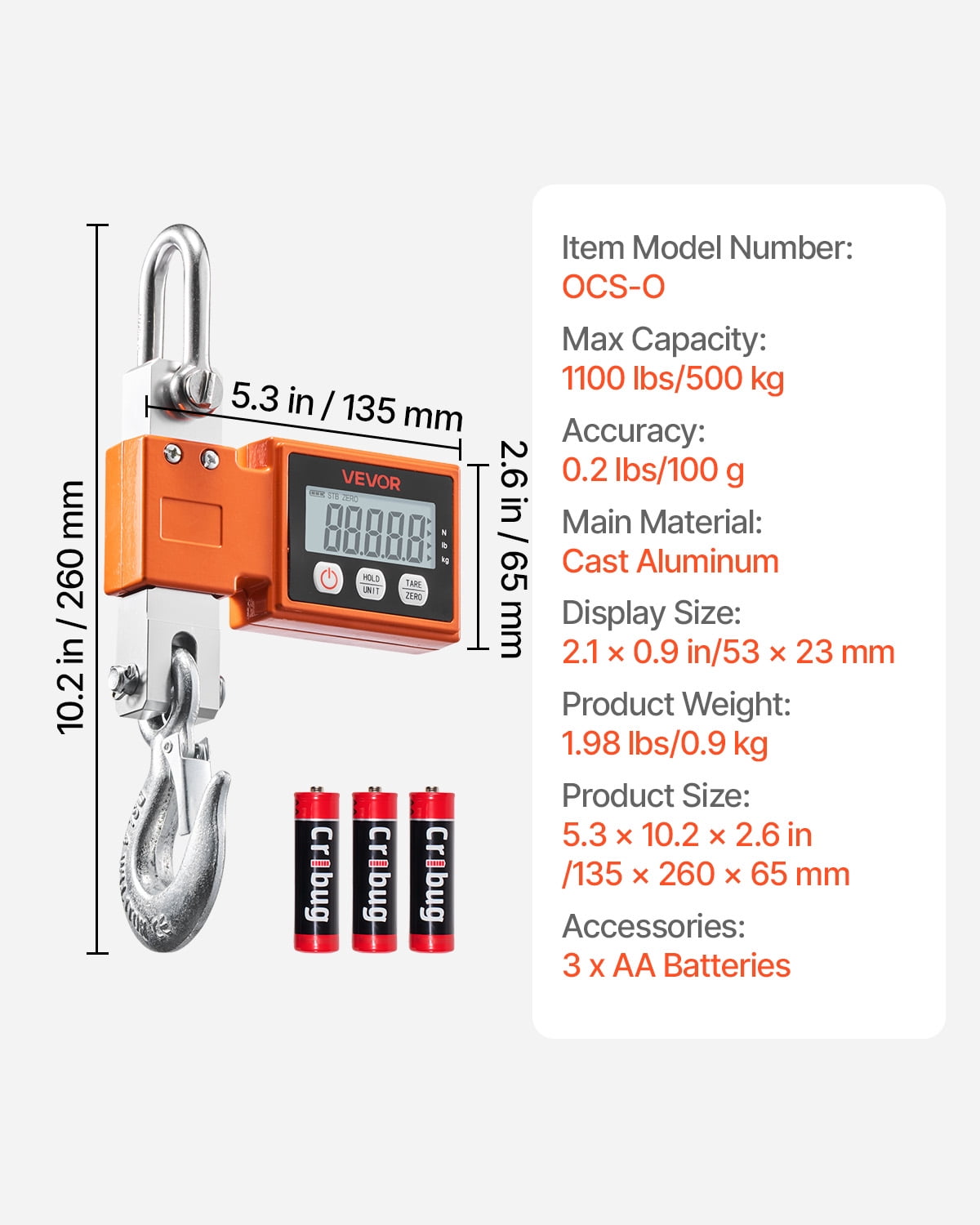 VEVOR Digital Crane Scale, 1100 lbs/500 kg Max Capacity, Heavy Duty Industrial Hanging Scale with Cast Aluminum Case & LCD Display, 0.2 lbs Division & 3 Unit Switch, Auto-Off Setting for Garage