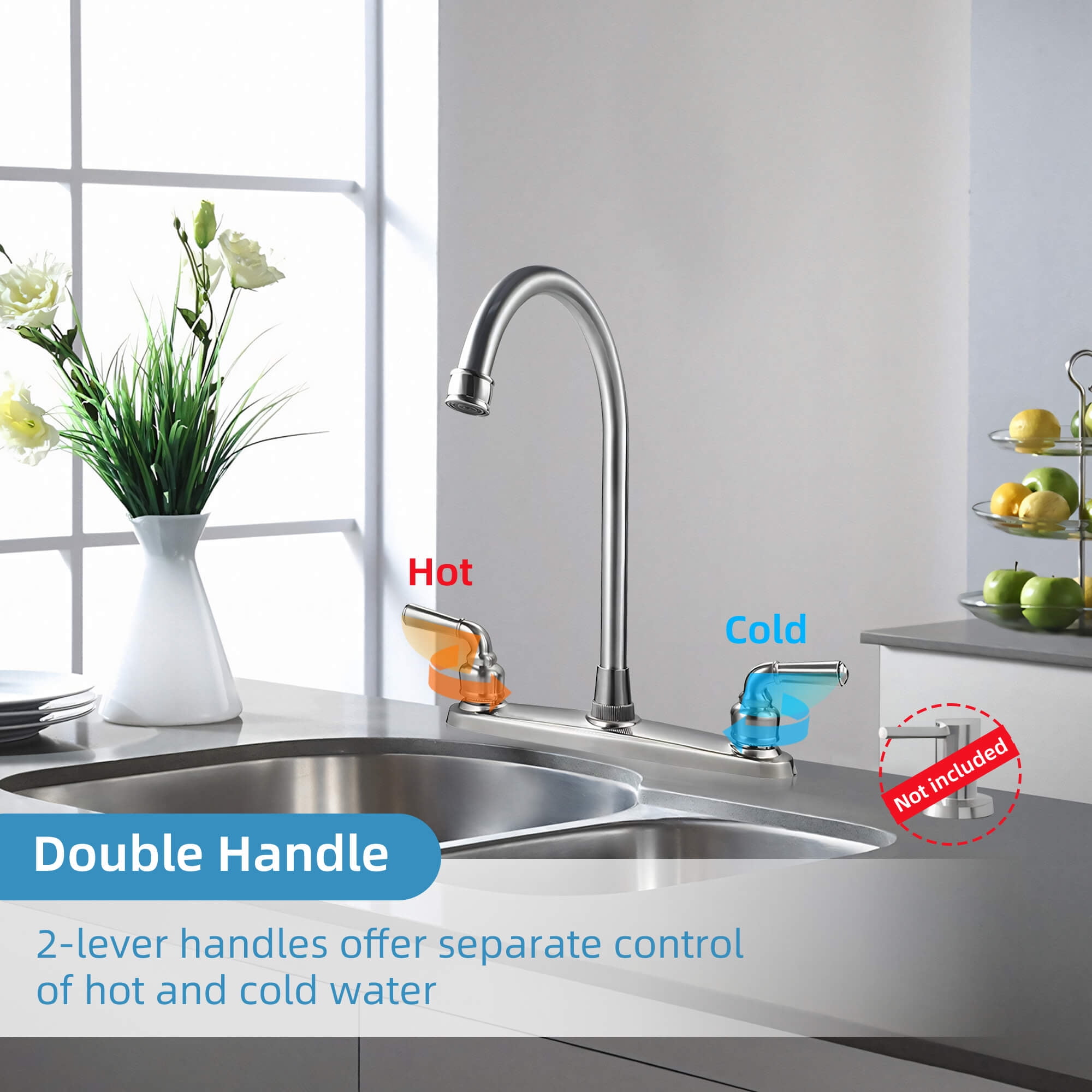 Sentryse 2 Handle Kitchen Sink Faucet, High Arc 360 Swivel Stainless Steel Pipe 3 Hole Kitchen Faucet for RV Laundry Farmhouse Bar Sink, Silver