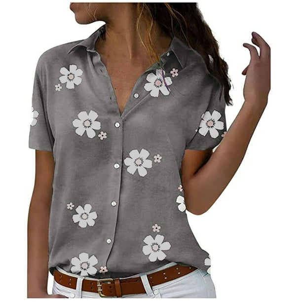 Camisa con botones Mujer Manga corta Cuello en V Solapa Estampado floral Blusas Verano Casual Tops Pompotops hkajfhjk466876