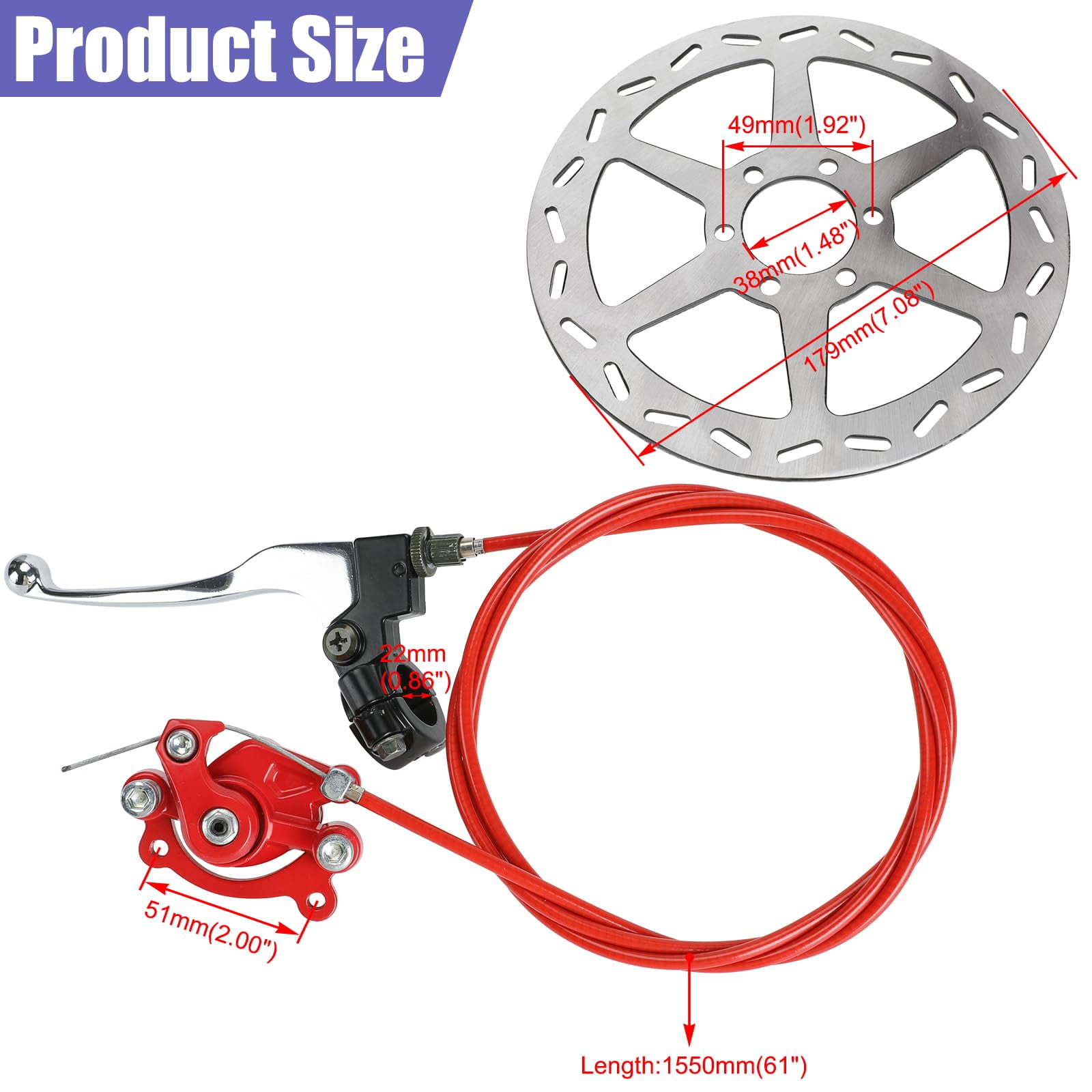 Mini Bike Brake Lever Kit with 180mm Disc Brake Rotor Compatible with Coleman CT100U CC100X Baja Doodlebug DB30 Motovox MBX10 MBX11 Monster Mega Moto 80cc Parts Rear Brake Caliper