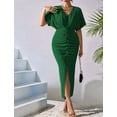 thumbnail image 4 of Osfvolr Womens Metallic Faux Wrap Cocktail Dress Solid Color V-Neck Pleated High Slit Short Sleeve Midi Dress Green S, 4 of 7