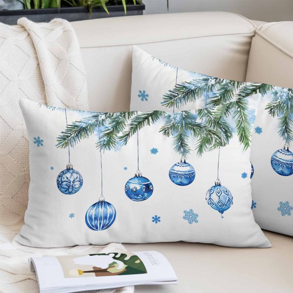 Blue Christmas Balls Pillow Covers King, Xmas Botanical Snowflake Soft Brushed Microfiber Breathable Throw Pillow Covers, Decorative Pillowcase with Zipper for Couch Sofa Bedroom Living Room 20"x36"