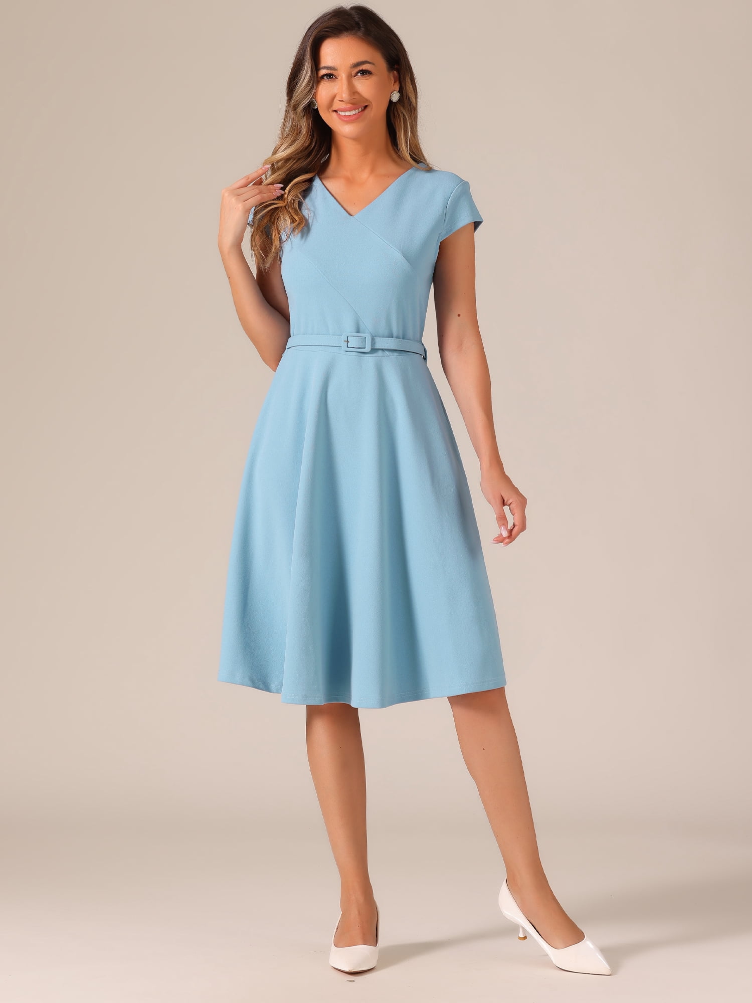 DARING DIVA V Neck Cap Sleeve Flowy A-line Cocktail Dress S Blue