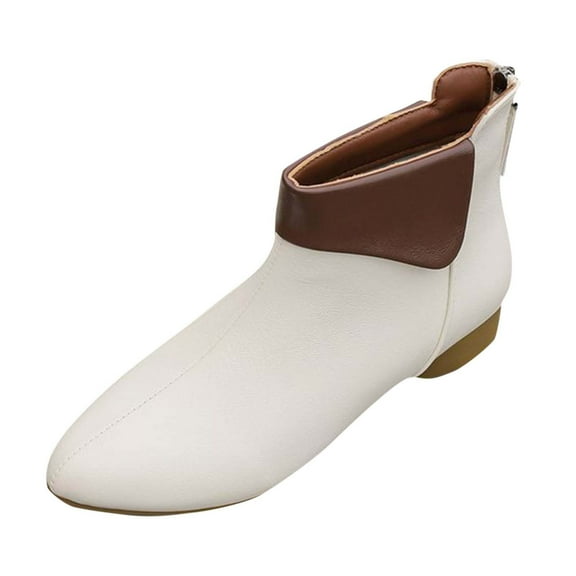 Xfvqtps Ankle Boots for Women Back Zipper Pointy Toe Low Heel Color Block Leather Fall Booties Beige