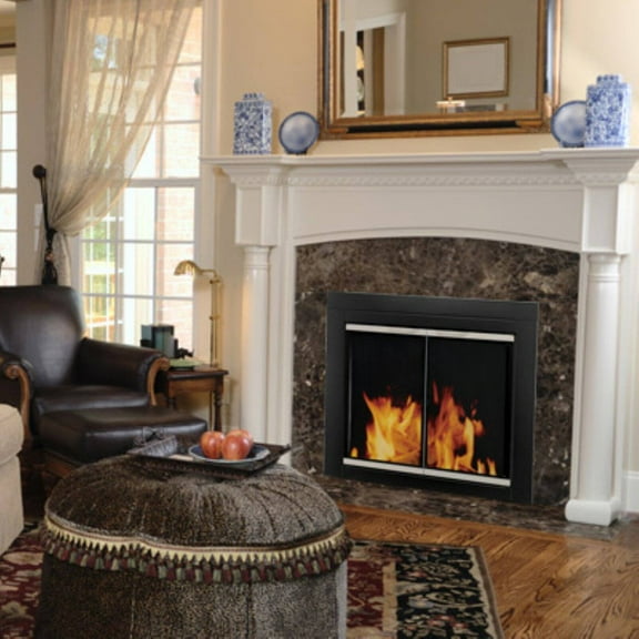 Pleasant Hearth Alsip Cabinet Fireplace Screen and Glass Doors - Black and Sunlight Nickel