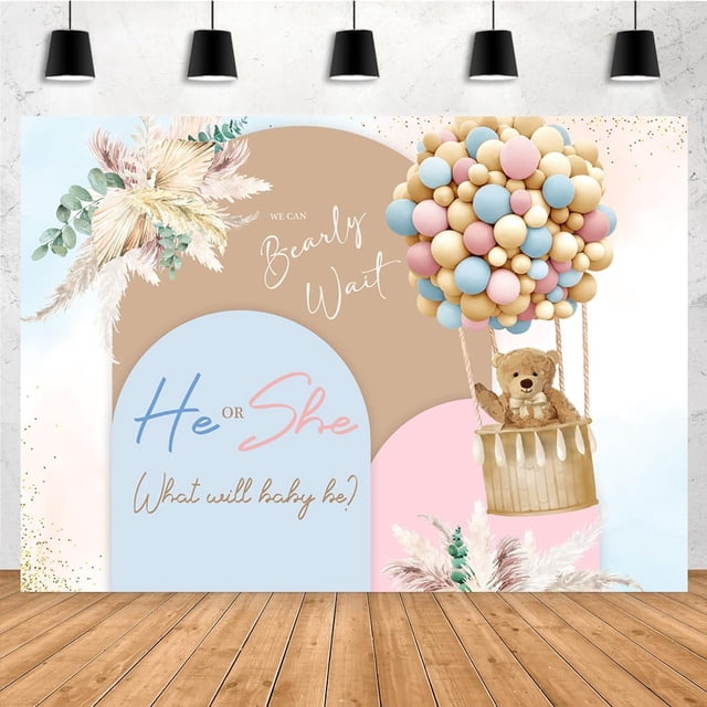 Fondo de arco de revelación de género de oso "Podemos esperar", globos rosas y azules, purpurina dorada, fondo de fotografía bohemio, pancarta de fiesta, decoración de mesa de pastel, accesorios para