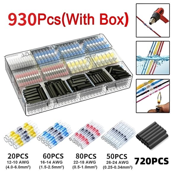 930pcs Heat Shrink Solder Seal Wire Connectors Kit, Waterproof Butt Connector Heat Shrink Electrical Terminals, Insulated Solderless Wiring Splice Connectors for Marine Automotive Boat Truck