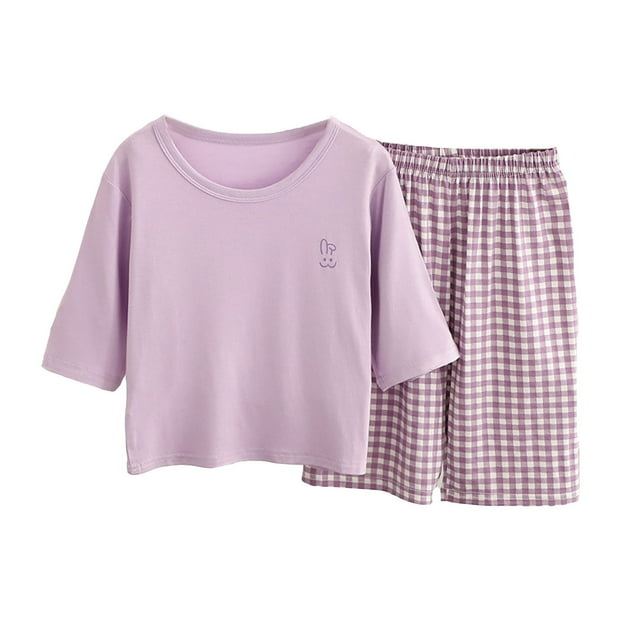 MIASHUI Ensemble de Pyjama Léger pour Garçons, T-Shirt à Manches Courtes et Shorts à Carreaux, Violet, 13-14 Ans