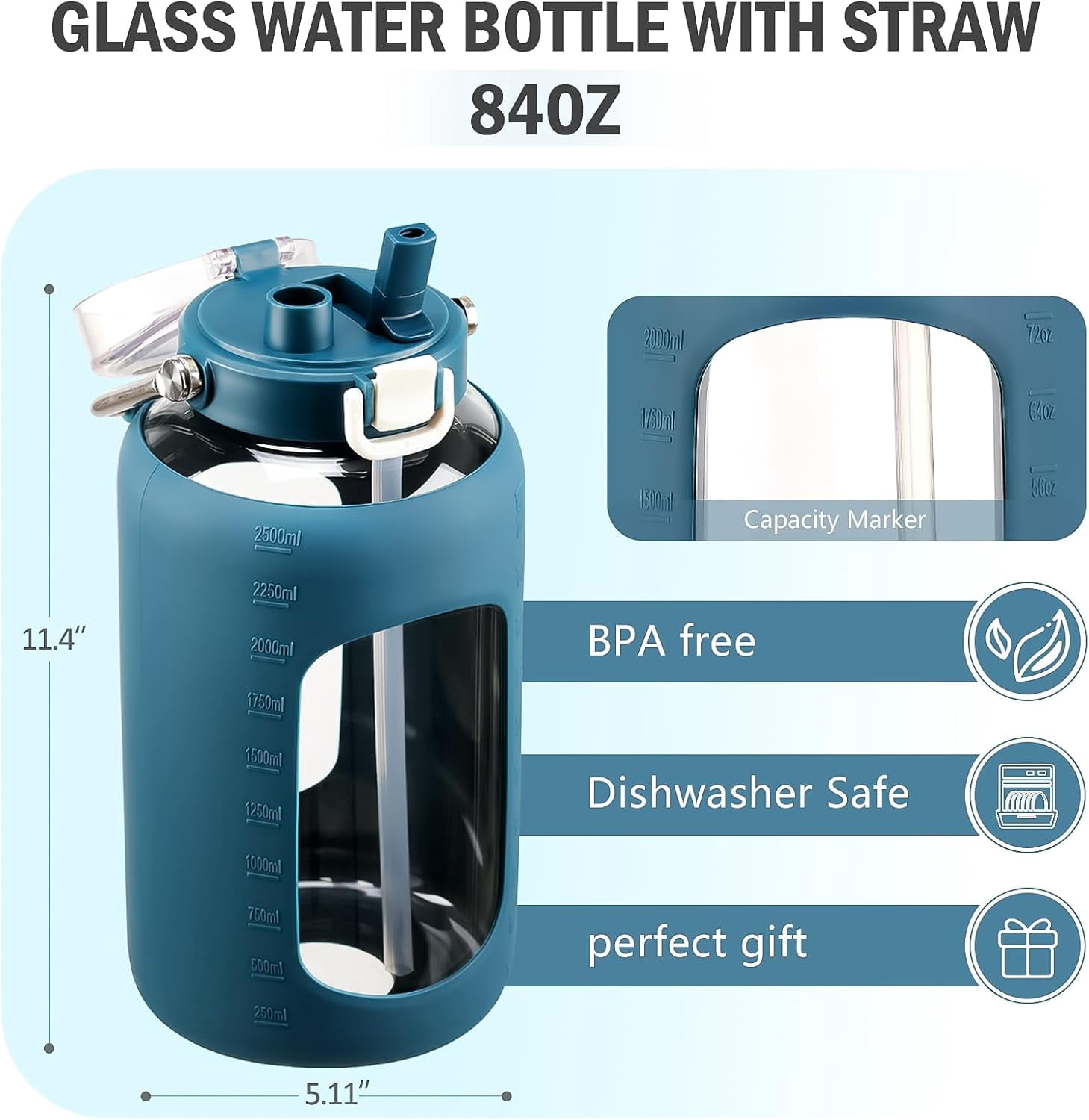 MUKOKO 84oz Glass Water Bottle, 2.5L Gallon Water Jug with Straw Lid and Stainless Steel Handle, Motivational Capacity Marker, Blue