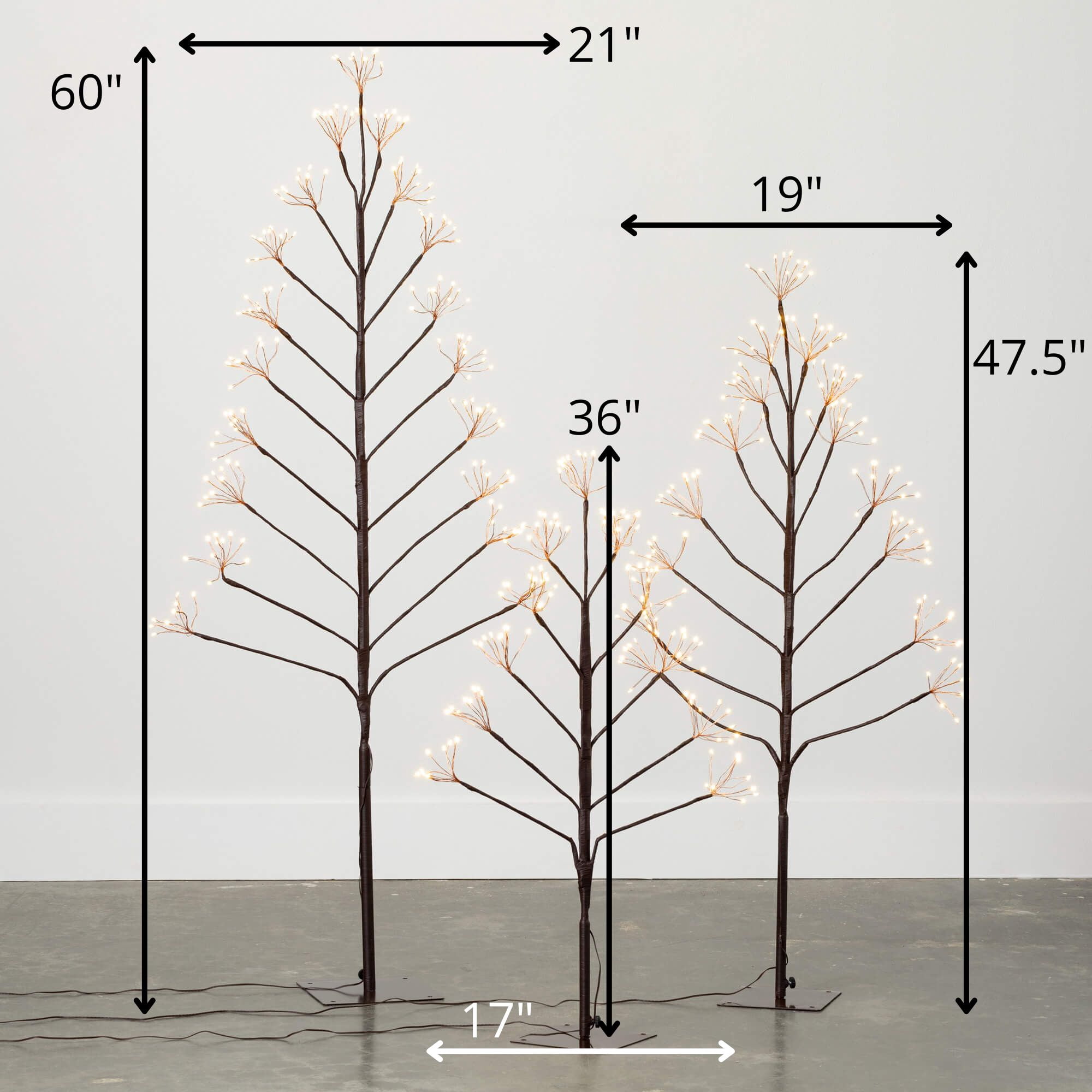 60"H, 47.5"H and 36"H Sullivans Outdoor Lighted Twig Tree - Set of 3, Brown