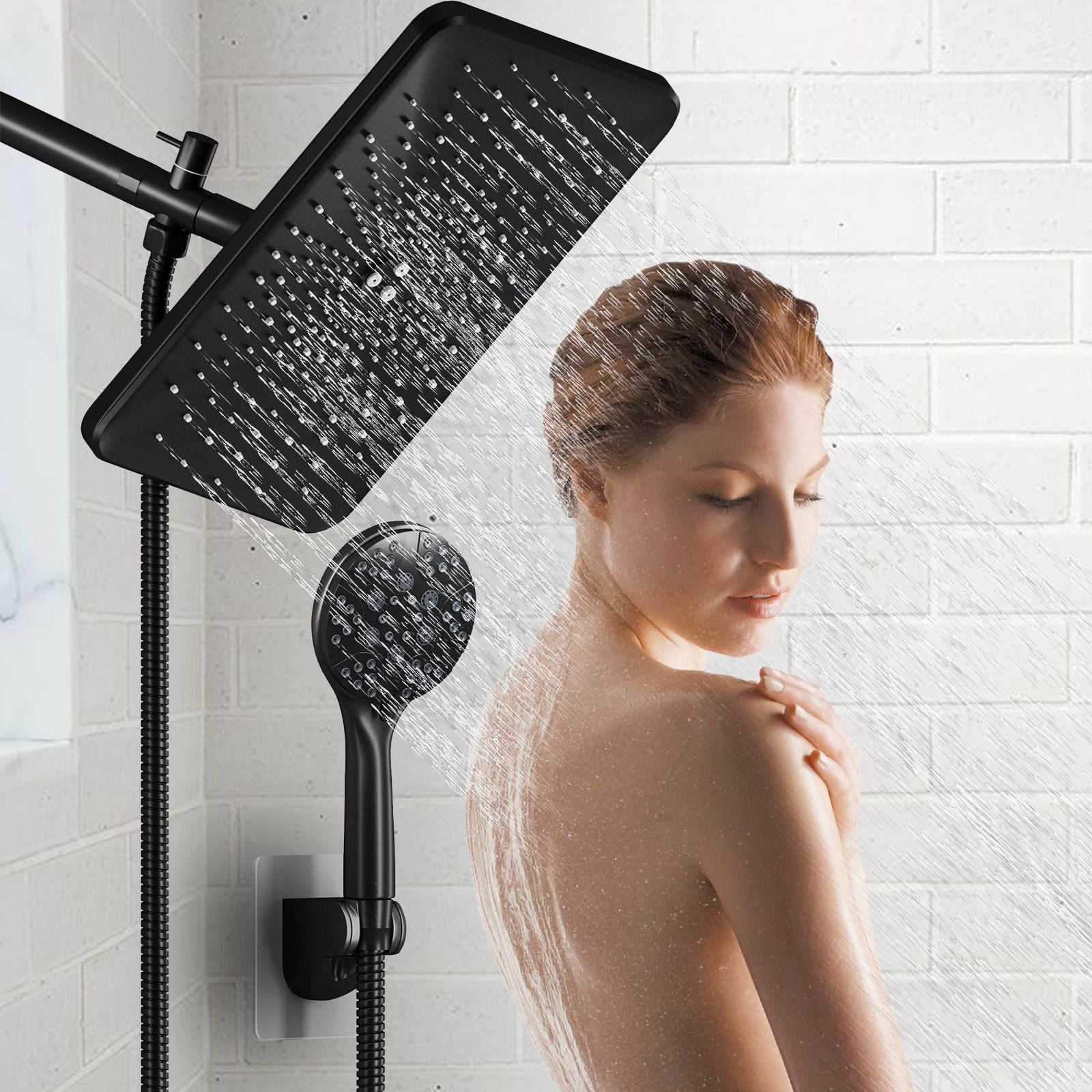 IUSU 11.8" Shower Head Set High Pressure Rainfall Rain Shower Head 8-Setting Handheld with Hose Black