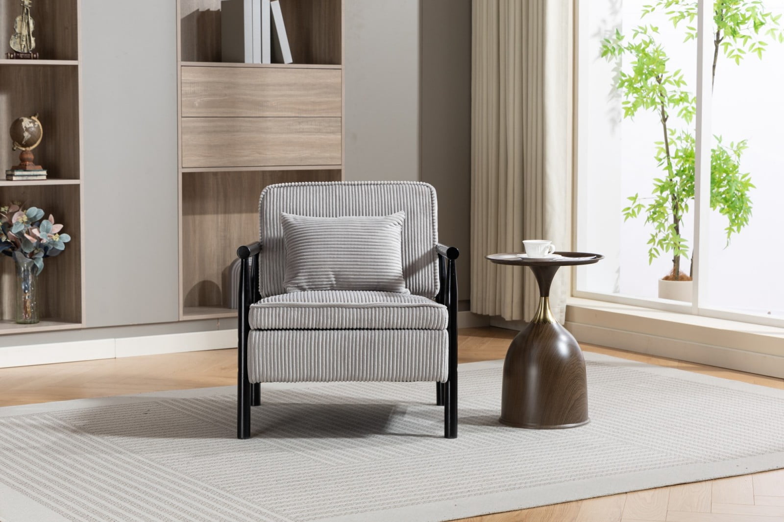 Storage Accent Chair Mid Century Modern Upholstered Armchair with Wood Frame & Waist Cushion for Living Room Bedroom Sunroom, Antique Grey