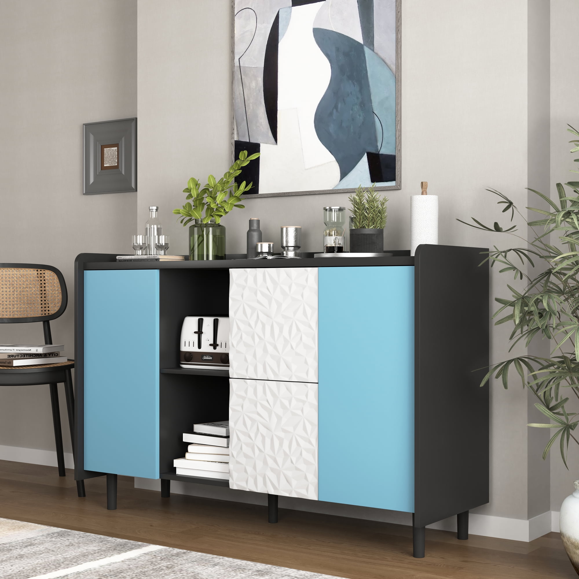 Noble House Sideboard Buffet Cabinet with 2 Drawers and Open Compartments, Black and Blue