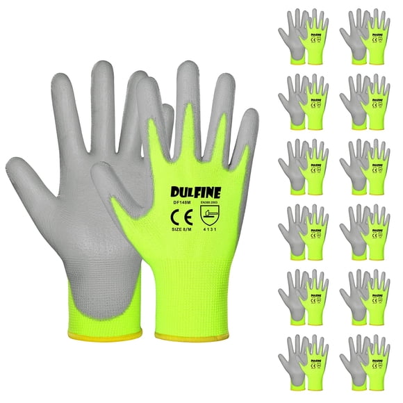 Dulfine Guantes De Trabajo De Seguridad Para Hombres Recubiertos De Pu, 12 Pares, Paquete A Granel, Guantes De Punto Amarillos De Alta Visibilidad, Sin Costuras, Con Revestimiento Fino De Poliuretano,