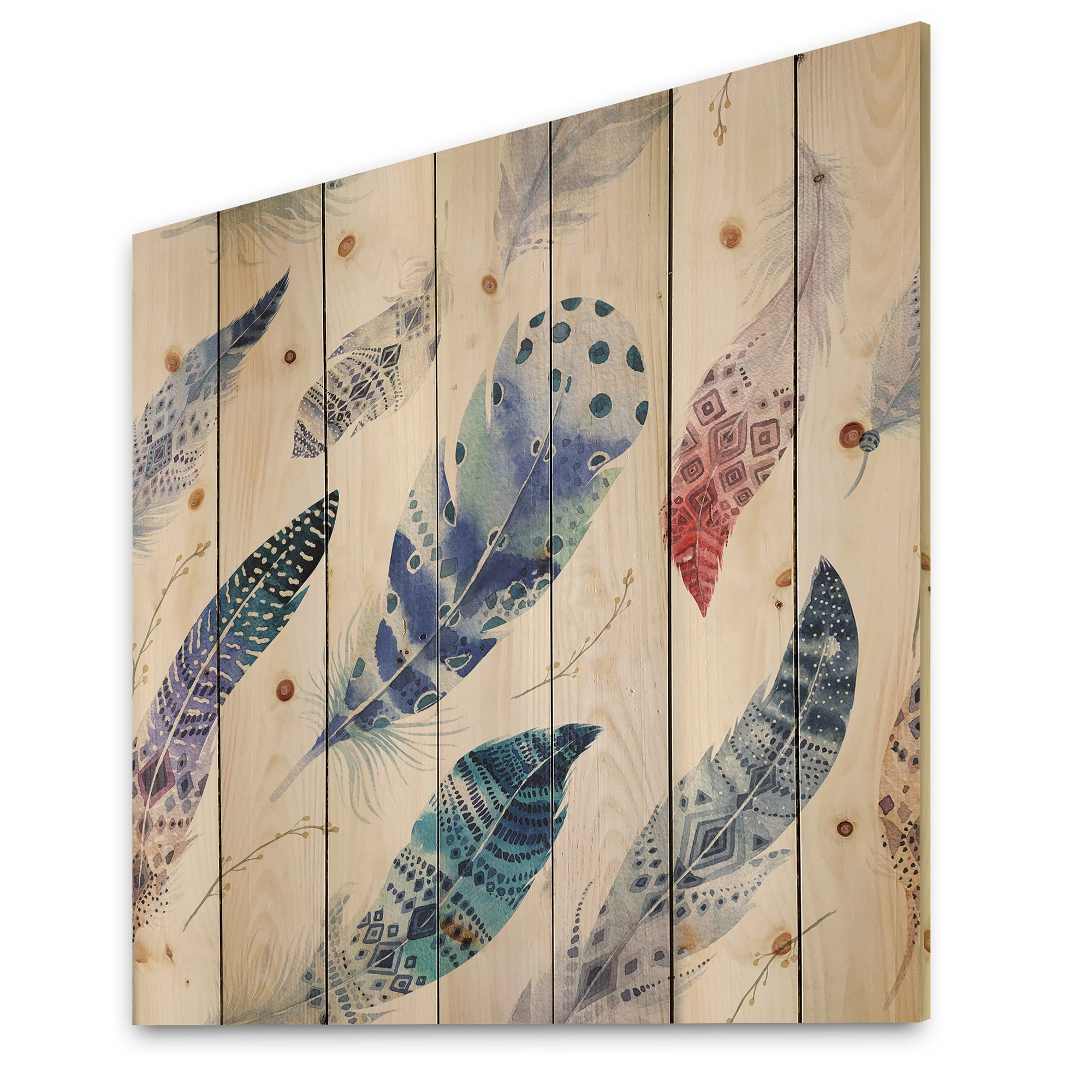 Designart 'Elegant Blue Boho Art Feathers' Bohemian & Eclectic Print on Natural Pine Wood