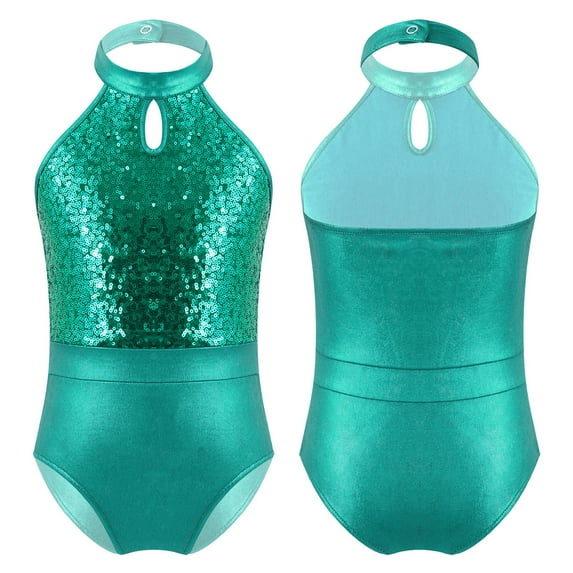 Aislor Kids Girls Halter Neck Backless Sparkly Sequins Leotard Gymnastics Ballet Dance Yoga Ballerina Bodysuit Activewear