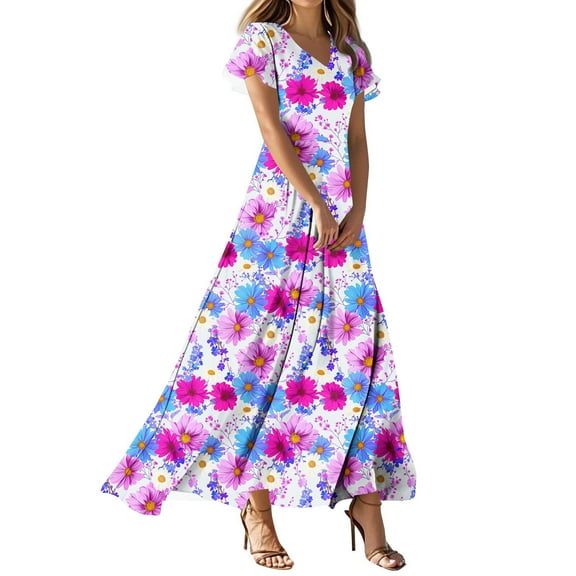 QQAMB Maxi Dresses for Seniors Women Floral Short Sleeve V-Neck Swing Summer Casual Boho Long Dress Trendy Flowy Sundress Multicolor 3XL