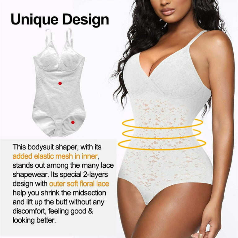 Gotoly Shapewear Tummy Control Bodysuit Cute Lace Cami V-Neck Tank Top  Waist Trainer Vest Smooth Body Shaper Slimming Corset(White Large) 