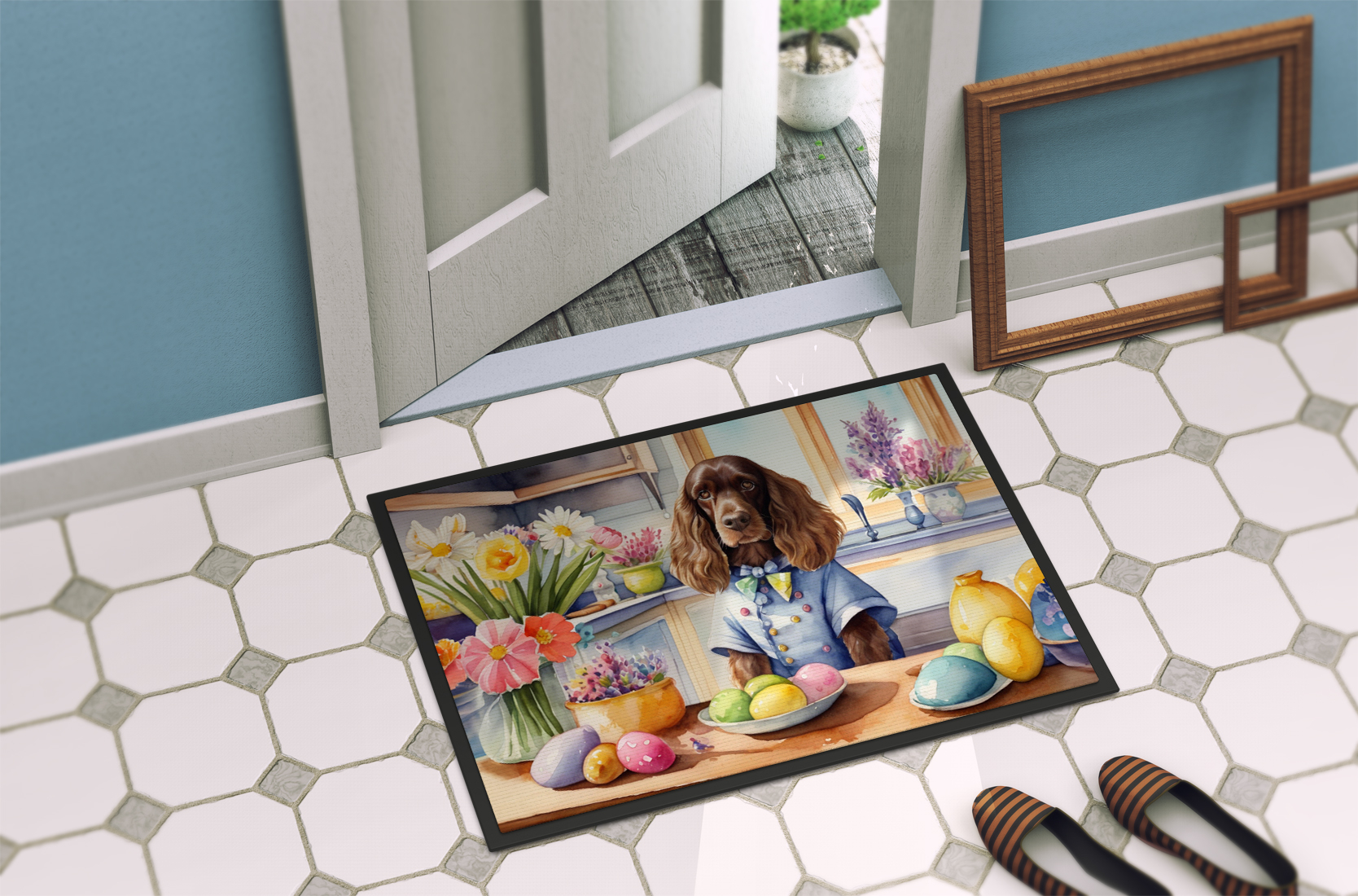 Decorating Easter Yorkshire Terrier Doormat