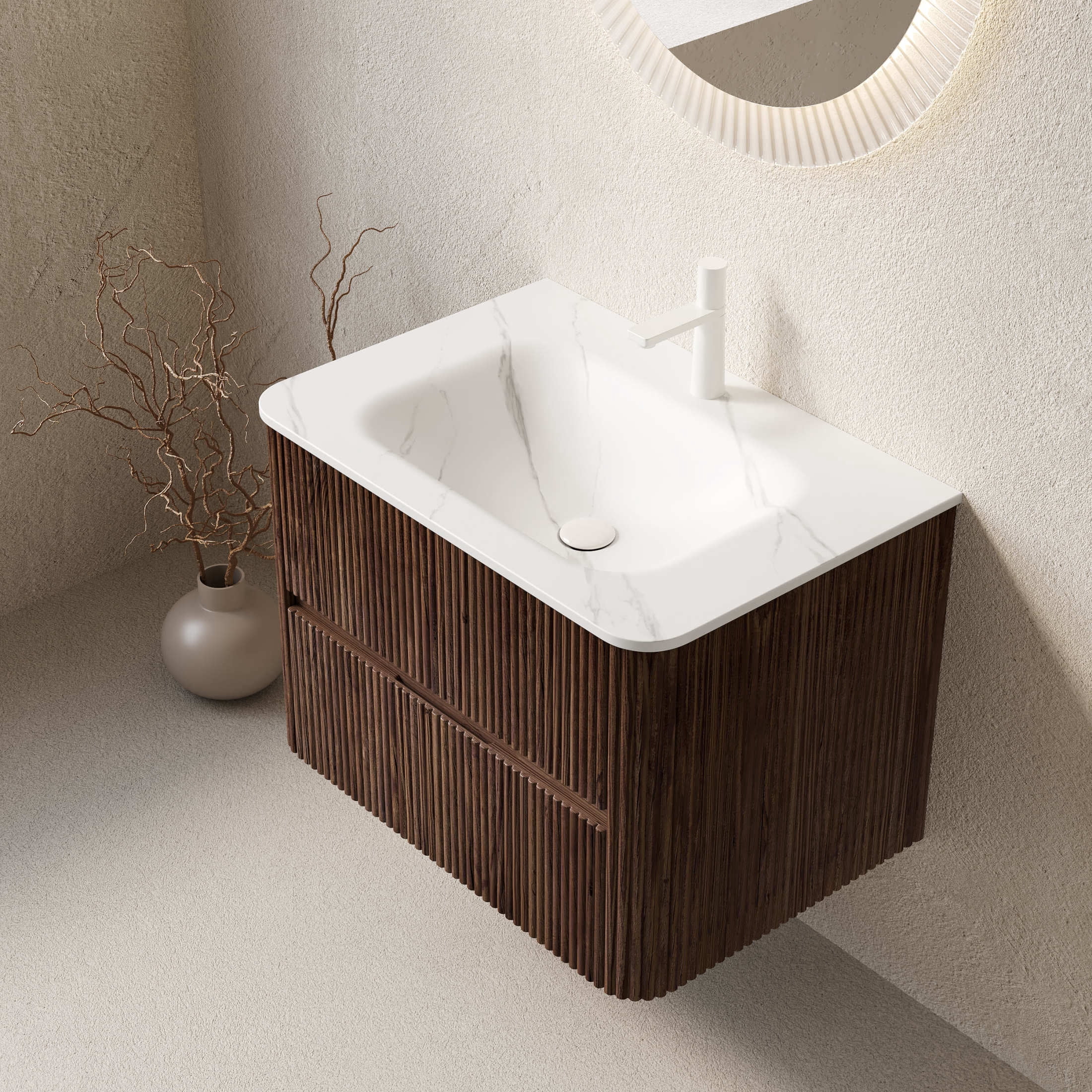 Noble House Noor 30" Floating Bathroom Vanity with Seamless Sintered Stone Basin, Retro Soft-Close Drawers, Walnut